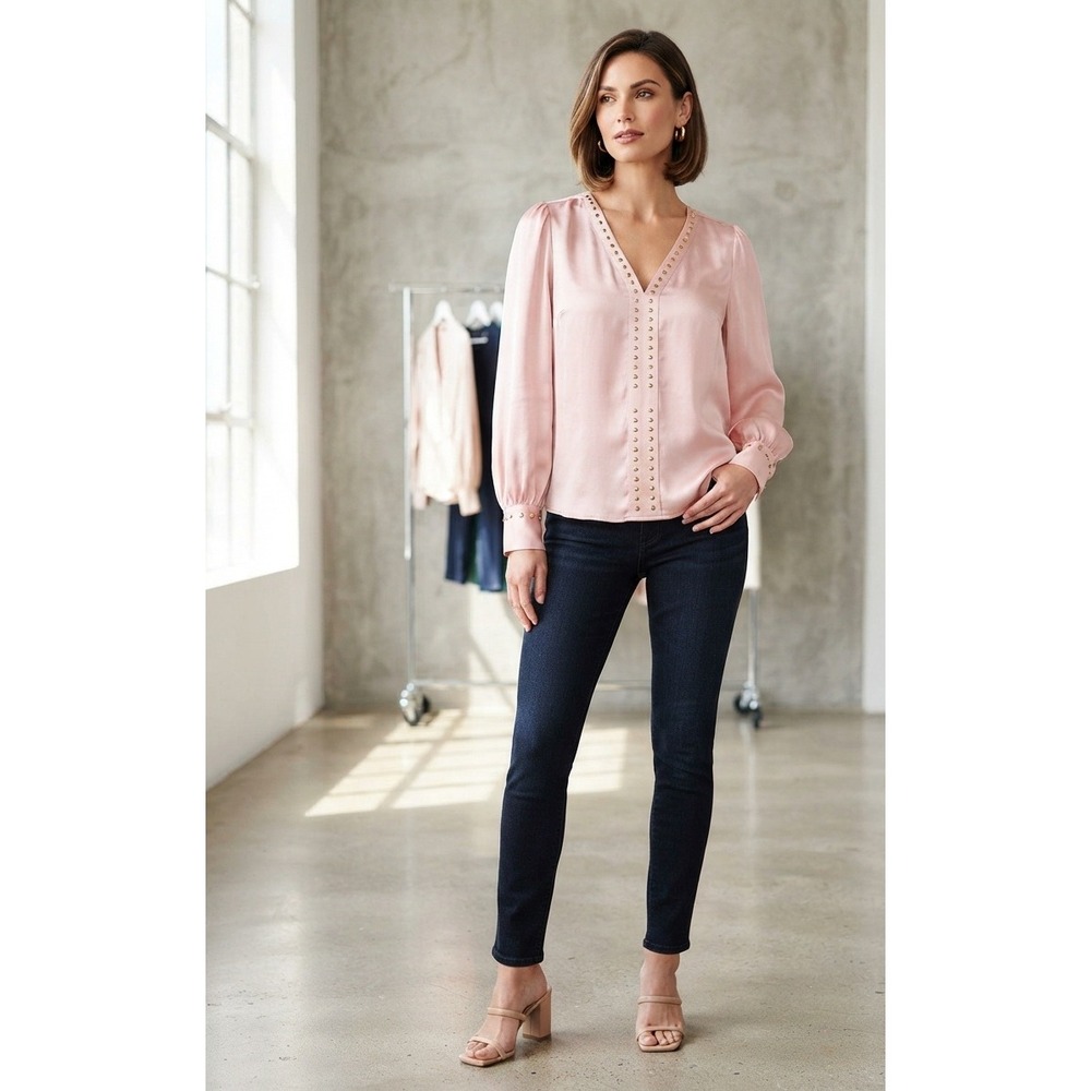 Vince Camuto Pink Satin Studded V-Neck Blouse Long Sleeve Top Sz Small